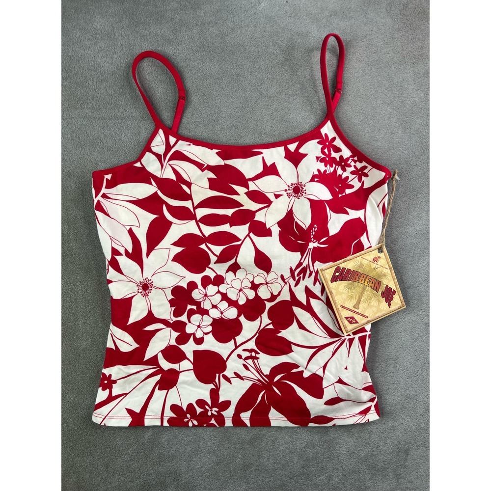 Y2K Caribbean Joe Womens L Red White Floral Cami Tank Top Cotton Hawaiian NWT